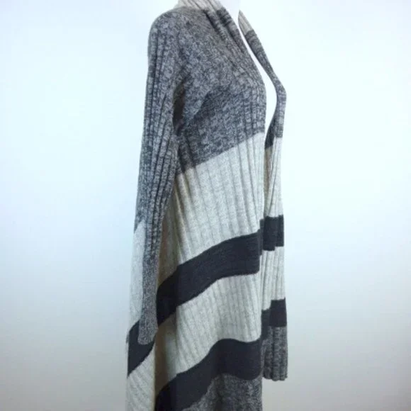 AUTUMN 100% cashmere STRIPED cardigan Sweater coat DUSTER M